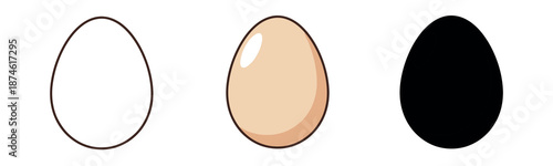 Vector illustration of a chicken egg in three styles: line art, realistic color with highlight, and solid black silhouette.