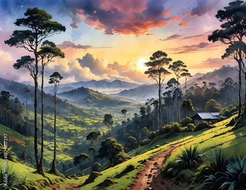 Watercolor of a picturesque Colombian landscape at sunset with rolling hills and lush greenery, typical of the Andean region.  A winding dirt path leads to a small house with a tin roof