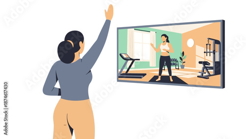 Home fitness: woman engaged in virtual workout session with online instructor