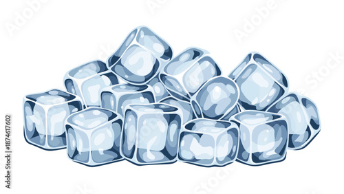 A detailed depiction of numerous clear ice cubes forming a refreshing and sparkling pile, ideal for various cooling concepts.