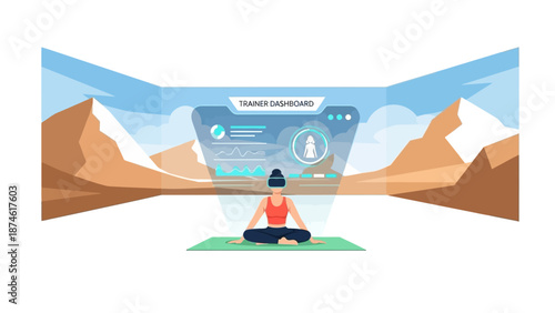 Virtual fitness dashboard: woman meditating amidst mountains