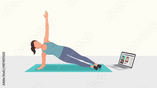 Woman practicing yoga side plank with online class on laptop in minimalist style