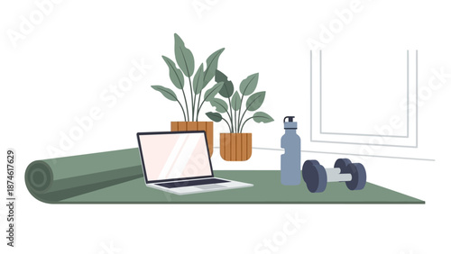 Home workout essentials: yoga mat, laptop, dumbbells, and water bottle in modern setup