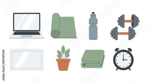 Home workout essentials and office integration in modern flat design