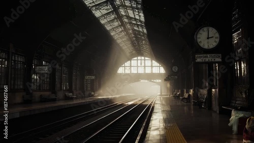 A serene train station at dawn with misty atmosphere and soft natural light