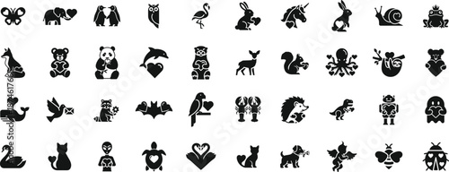 Cute animal icon set featuring wildlife creatures holding heart symbols for valentine greeting cards and nursery decoration
