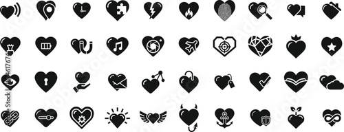 Heart concept icon set featuring love symbols combined with diverse elements like lock, wings, puzzle, and technology for dating app interfaces