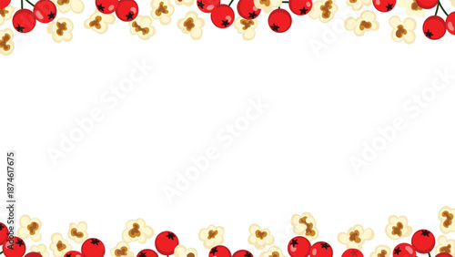 A festive horizontal border featuring a delightful mix of fluffy popcorn and bright red cranberries, perfect for holiday or cinema themes.