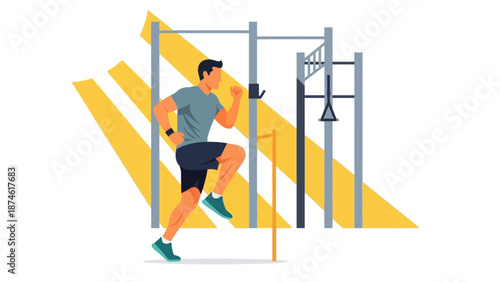 Athlete training on outdoor fitness equipment with dynamic sunlit background