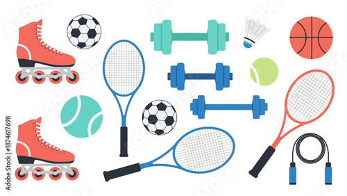 Colorful sports equipment set featuring tennis rackets, balls, and more