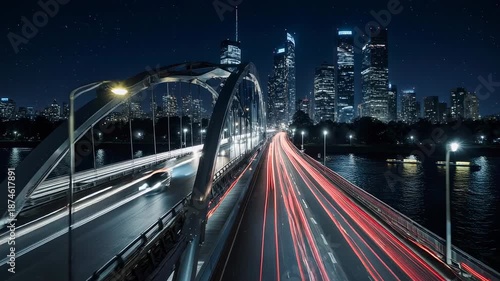 Modern City Bridge at Night with Fast Moving Traffic and Cityscape