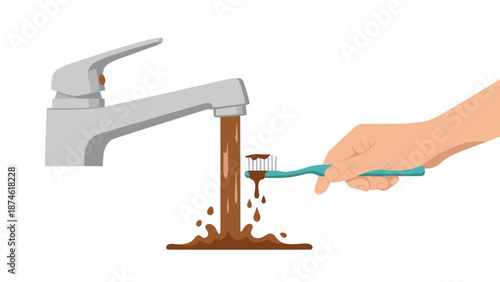 A hand holding a toothbrush under a faucet dispensing dirty, brown water, illustrating water pollution and poor sanitation.