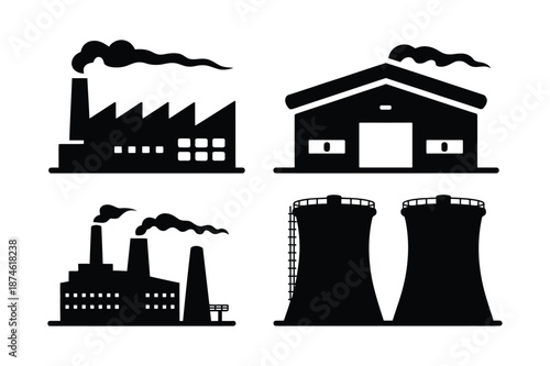Industrial factory and manufacturing plant silhouette icons