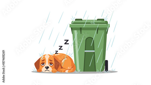 A tired puppy sleeping next to a closed trash can in the rain, symbolizing neglect, homelessness, and resilience in tough conditions.