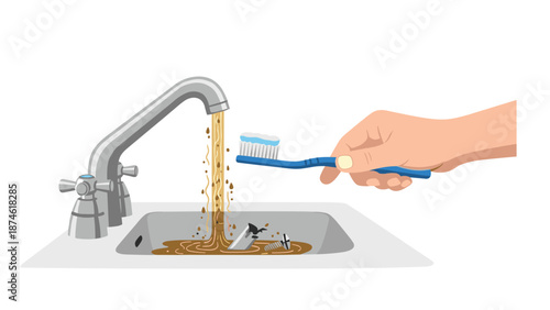 A hand holding a toothbrush with toothpaste over a dirty sink, symbolizing water contamination, poor hygiene, and plumbing issues.