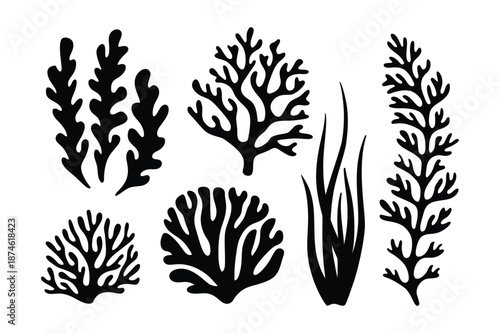 Marine life coral reef and seaweed silhouette icons