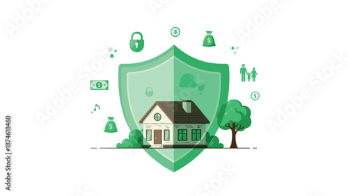 A house protected by a large shield with various icons like money, lock, and family, symbolizing home insurance and asset protection.