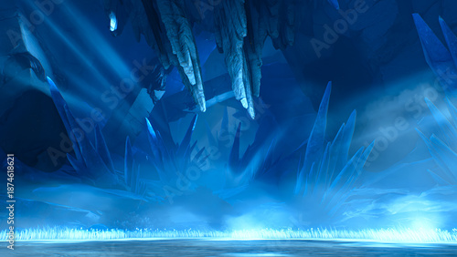Foto Abstract blue ice cave with sharp crystal formations and mystical frozen atmosph