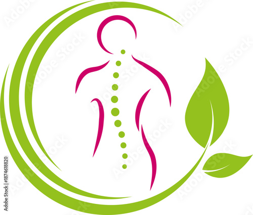 Frau und Blätter, Wirbelsäule, Physiotherapie, Orthopädie, Heilpraktiker Logo