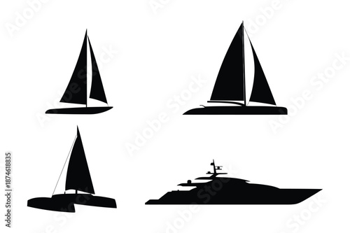 Marine vessels sailboats and luxury yacht silhouette icons