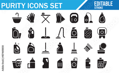 Hygiene and Purity Vector Set - Silhouette Icons of Detergents, Mops, and Tools.