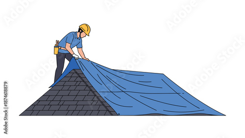 A worker wearing a hard hat placing a large blue tarp over a tiled roof, symbolizing temporary weather protection and emergency repair.