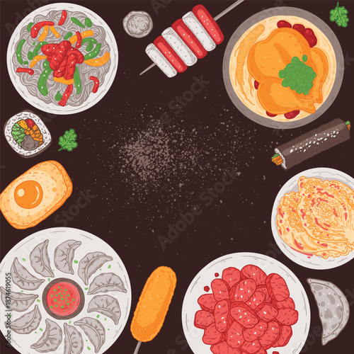 Korean food vector drawing. Top view Korean food dishes vector illustration. Flat style. Mandu, corn dog,samgyetang, japchae, bulgogi, kimbap, tteokbokki