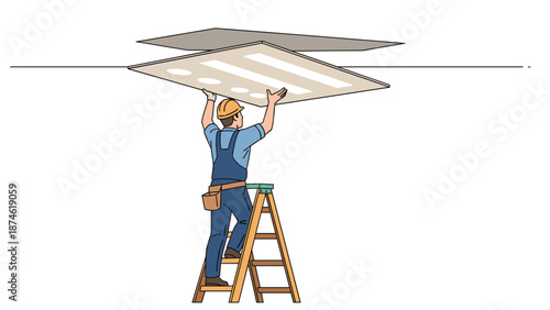 A construction worker on a ladder installing a ceiling panel with integrated lighting, representing interior renovation and building work.