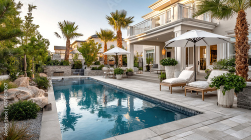 Wallpaper Mural Luxurious modern backyard with pool and elegant outdoor furniture at sunset Torontodigital.ca