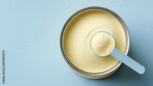 Top view of infant formula powder in tin with measuring scoop