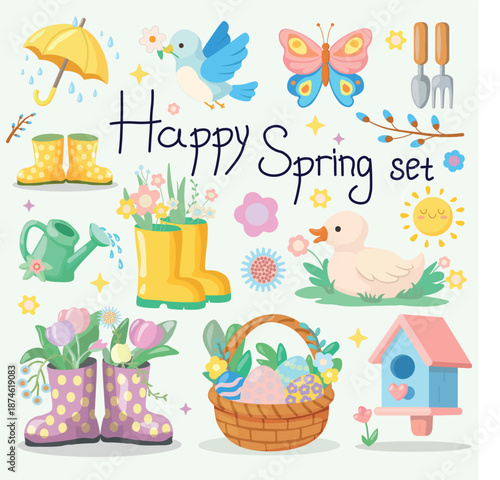 Cute spring clipart set with pastel colors. Includes rubber boots, watering can, bird, butterfly, duckling, birdhouse, umbrella, garden tools, sun and Ester basket. Perfect for children projects.