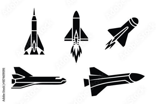 Space exploration rockets and shuttle spacecraft silhouette icons