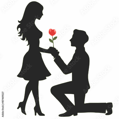 Silhouette of a romantic proposal with a flower. A man on one knee presenting a rose to a woman isolated on white background.generative ai