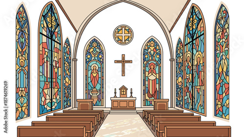 The beautiful interior of a church with an altar, pews, and stunning stained glass windows depicting religious scenes and symbols.