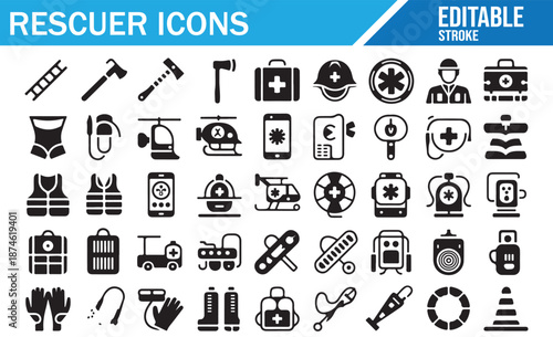 Rescuer and First Responder Line Symbols - Comprehensive Vector Icon Set.