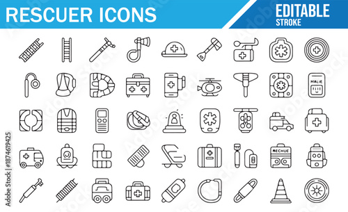 Editable Stroke Emergency Icons - Vector Set for Rescue and Disaster Relief.