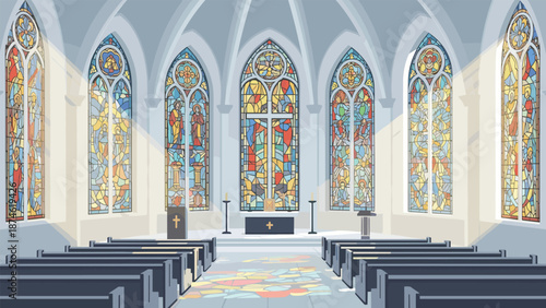 A serene church interior with rows of empty pews, a simple altar, and vibrant stained glass windows illuminated by sunlight.