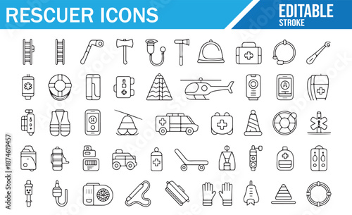 Firefighter and Medical Rescue Symbols - Line Art Vector Set with Editable Stroke.