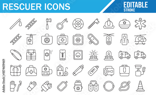 First Aid and Rescuer Outline Icons - Vector Collection for Medical and Fire Services.
