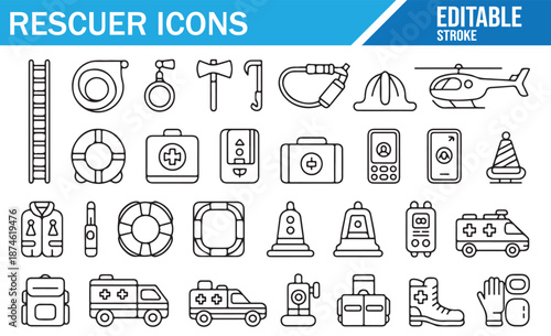 Emergency Rescue Line Icons Set - Editable Stroke Symbols for First Aid and Safety.
