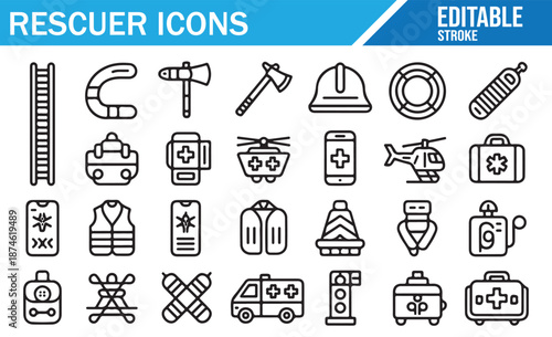 Rescuer Icons Set. Line Art Symbols for Emergency, First Aid, Firefighter, and Medical Rescue. Editable Stroke Vector Collection.