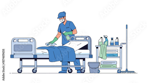 Hospital staff in mask and gloves meticulously cleaning a patient bed, with a cleaning cart nearby, representing healthcare hygiene and sanitation.