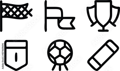 Sports success icons set including goal net flag trophy award shield medal ball and banner for competition achievements