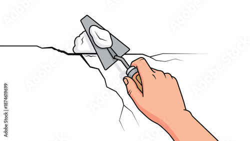 A hand using a trowel to apply plaster or filler to patch a crack in a white wall, representing home repair and maintenance.