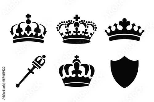 Royal Crown and Scepter Silhouette Icons for Heraldry and Luxury