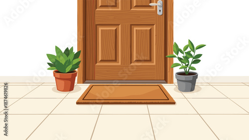 A charming front door with two vibrant potted green plants and a doormat, representing a welcoming home and comfortable entryway.