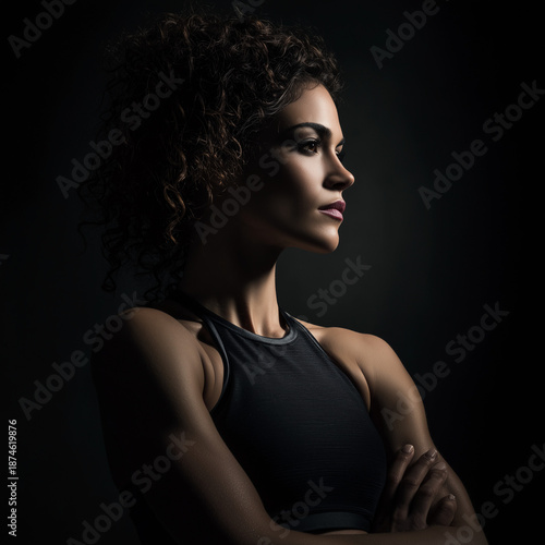 Dramatic portrait of sweaty athletic woman with curly hair looking away on dark background