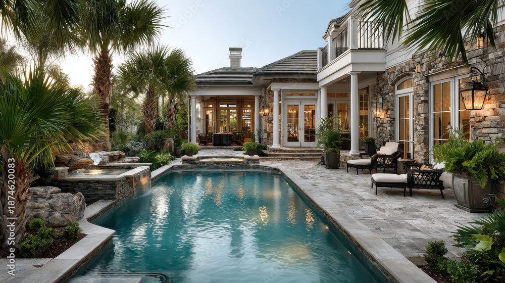 Fototapeta premium Luxurious stone villa with pool and lush garden featuring tropical palm trees and elegant outdoor seating