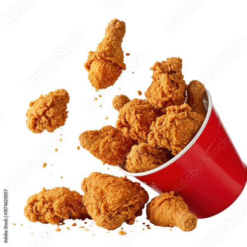 Fried chicken spilling from bucket isolated on transparent background