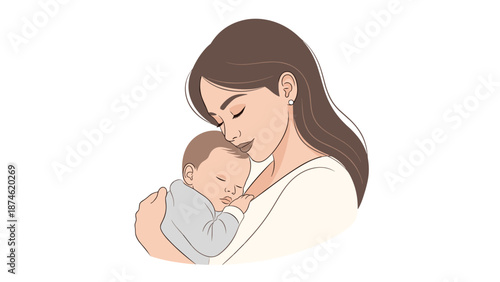Mother tenderly cradles her peacefully sleeping newborn baby in her arms, sharing a quiet moment of loving connection and warmth.